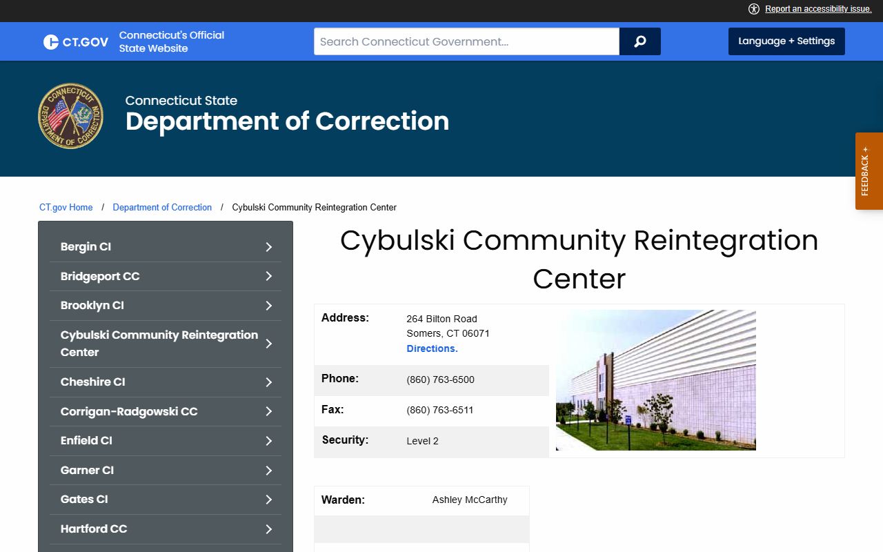Cybulski Community Reintegration Center inmate custody search page in Tolland County