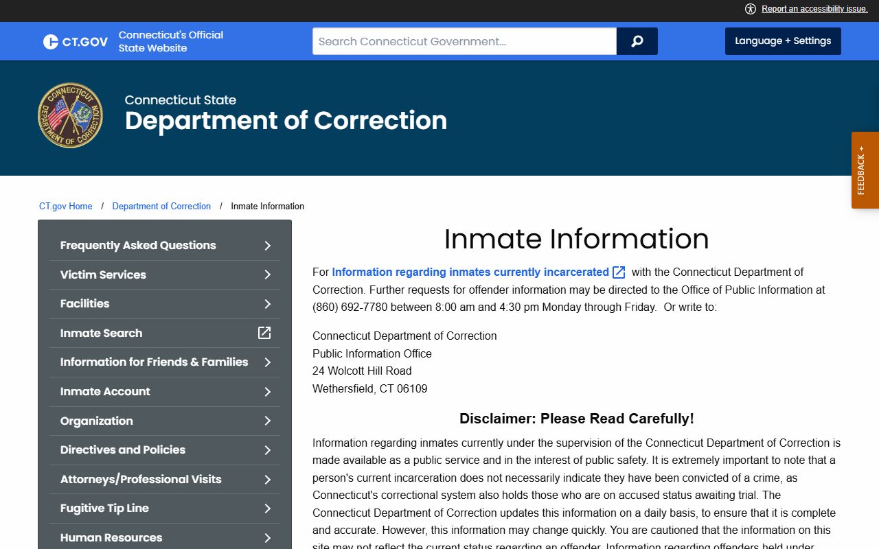 Tolland County inmate records information from Connecticut DOC
