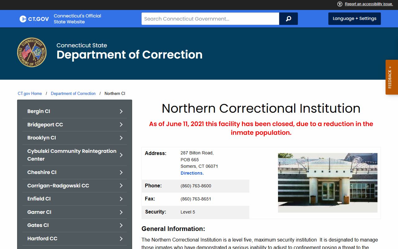 Northern Correctional Institution closed facility record search page in Tolland County