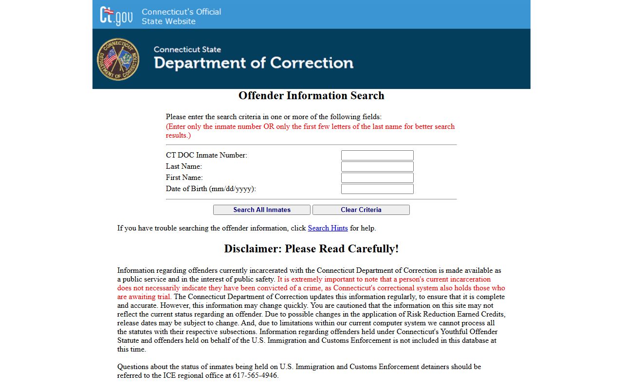 Tolland County inmate search through the official Connecticut DOC locator