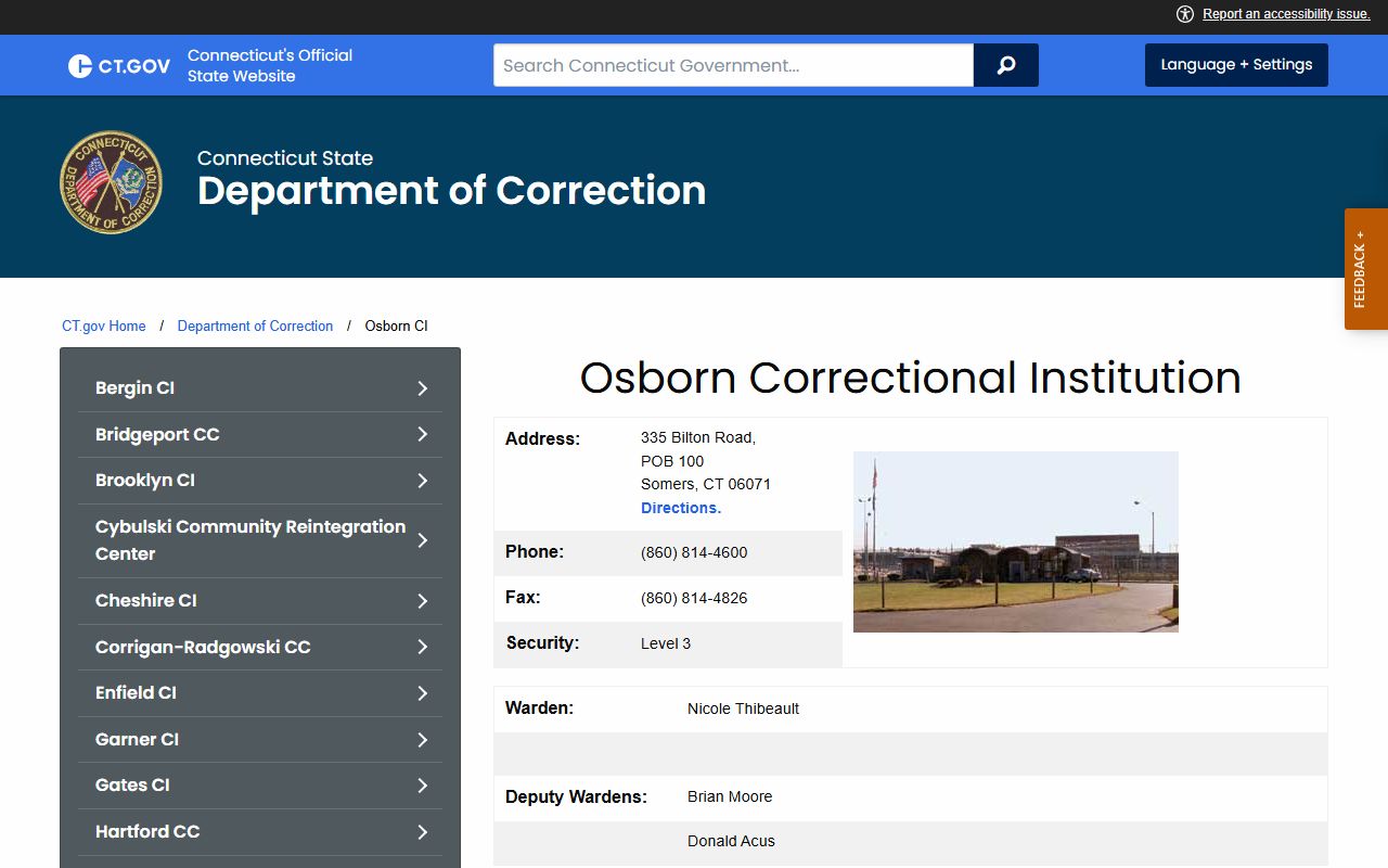 Osborn Correctional Institution inmate lookup facility page in Tolland County