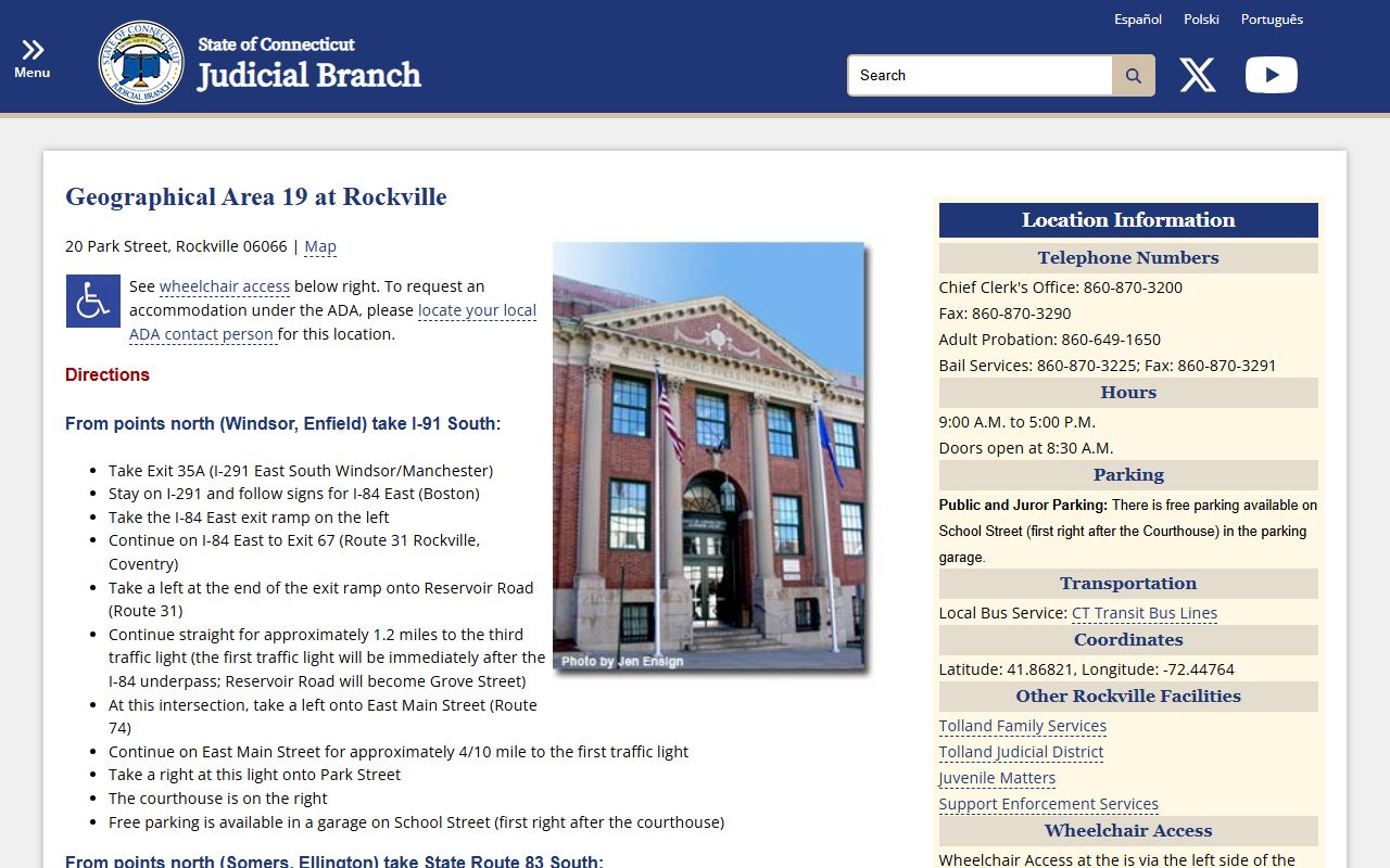 Tolland County court records after arrest Rockville GA 19 courthouse page